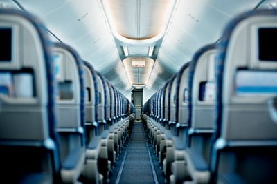 Aircraft interior walkway and rows of seats