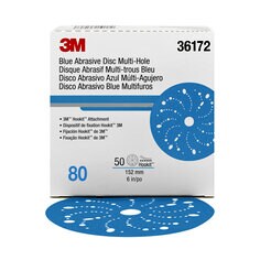 3M™ Hookit™ 36172多孔蓝色砂碟,6英寸,粒度80,50片每盒,每箱4盒