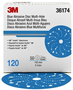 3M™ Hookit™ 36174多孔蓝色砂碟,6英寸,粒度120,50片每盒,每箱4盒