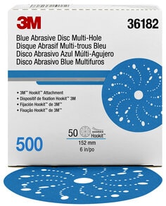 3M™ Hookit™ 36182 多孔蓝色磨料盘,6英寸,500,50片每盒,每箱4盒