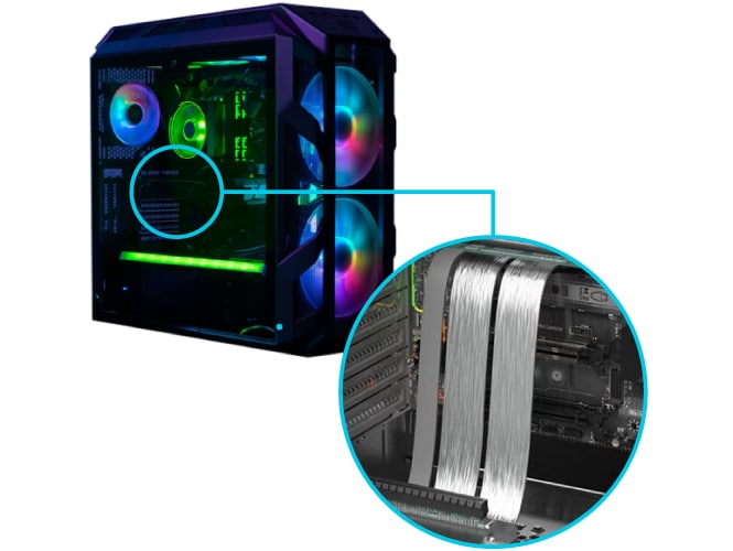Image callout of the X16 extender being used in a gaming PC.