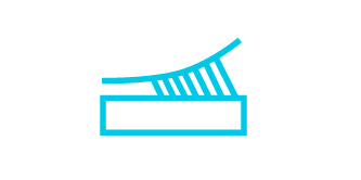 Blue line art icon of an adhesive film being adhered to a surface.