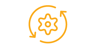 Yellow line art icon of a gear within an arrow cycle, representing improves OEM processes.